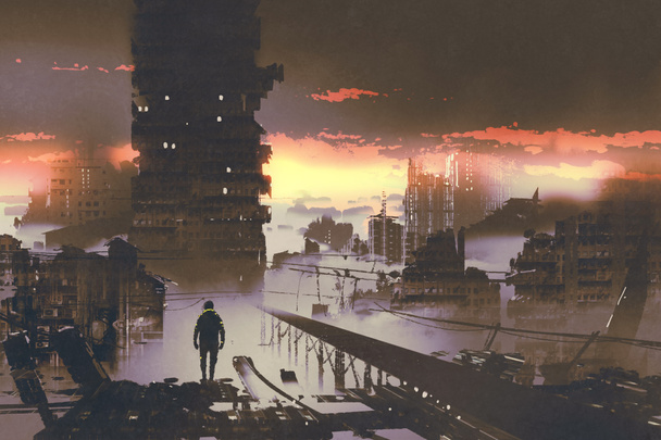 mens staande in de verlaten stad, sci-fi concept - Foto, afbeelding