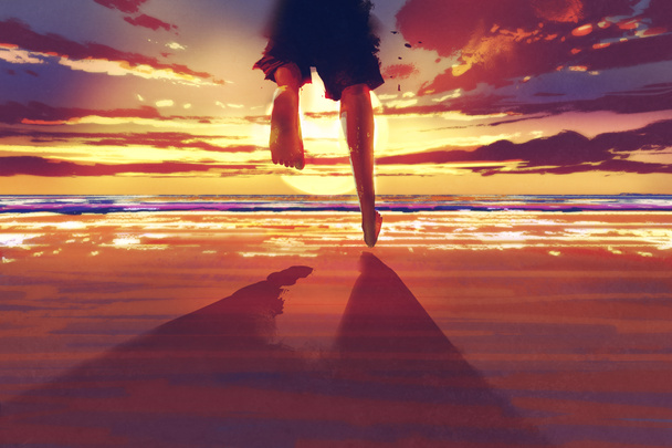 miehen jalat juoksevat rannalla auringonnousun aikaan
 - Valokuva, kuva