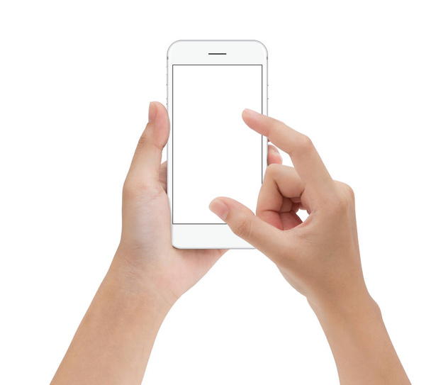 γκρο πλαν χέρι αγγίζει τηλέφωνο κινητό απομονωθεί σε λευκό, ομοίωμα s - Φωτογραφία, εικόνα