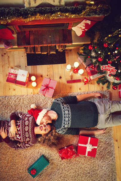 Top view of happy couple for Christmas   - Photo, image