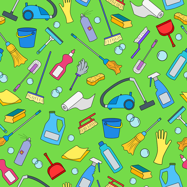 Modello senza soluzione di continuità sul tema della pulizia e attrezzature per la casa e prodotti per la pulizia, icone a colori su sfondo verde
 - Vettoriali, immagini