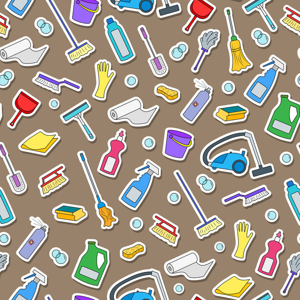 Padrão sem costura sobre o tema de limpeza e equipamentos domésticos e produtos de limpeza, ícones de cor em um fundo marrom
 - Vetor, Imagem