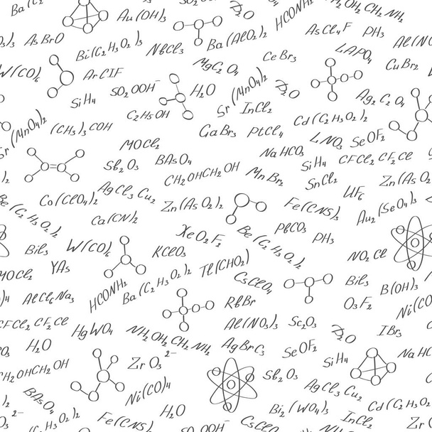 Seamless pattern on the theme of the subject of chemistry, hand-written formulas of substances, and images of molecules on a white background - Vector, Image