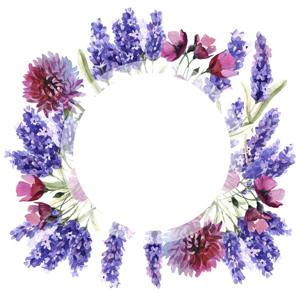 Wildflower lavender flower frame in a watercolor style isolated. - Photo, Image