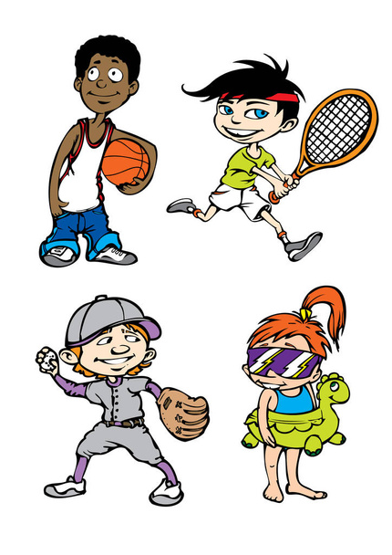 Négy sport gyerekek karakterre - Vektor, kép
