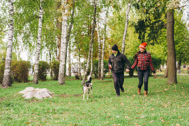 couple walking a dog park - Fotoğraf, Görsel
