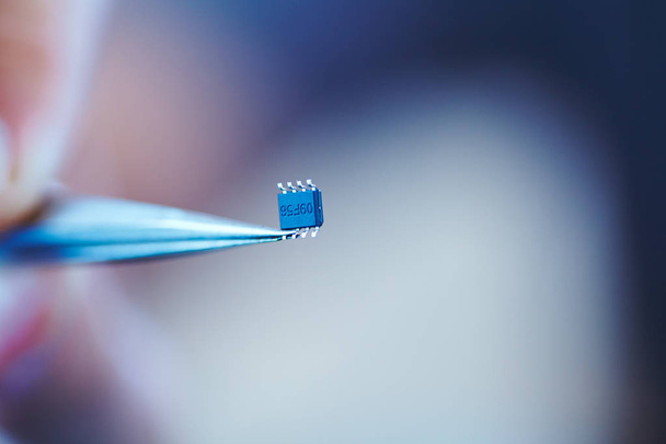 microchip met een pincet close-up - Foto, afbeelding
