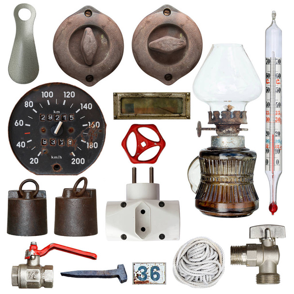 Objekte und Werkzeuge auf weißem Hintergrund - Foto, Bild