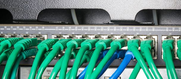 Estante del servidor con cables verdes
 - Foto, Imagen