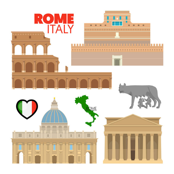 Rome Italy Travel Doodle with Rome Architecture, Capitoline Wolf and Flag. Vector illustration - Vecteur, image