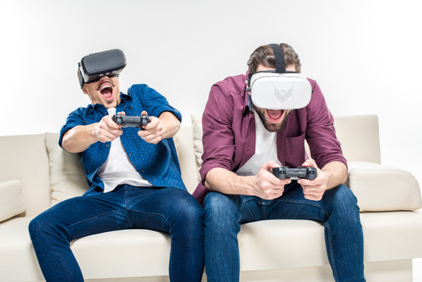 Friends in virtual reality headsets - Fotoğraf, Görsel