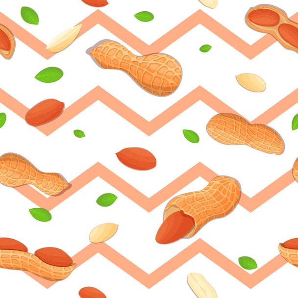 Seamless vector pattern of almond nut. Striped zig-zag background with delicious walnut, leaves. Illustration can be used for printing on fabric, textile in design packaging, - Vector, Image