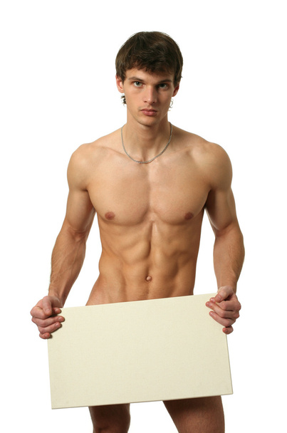 Nude Man Covering with a Copy Space Blank Banner - Zdjęcie, obraz