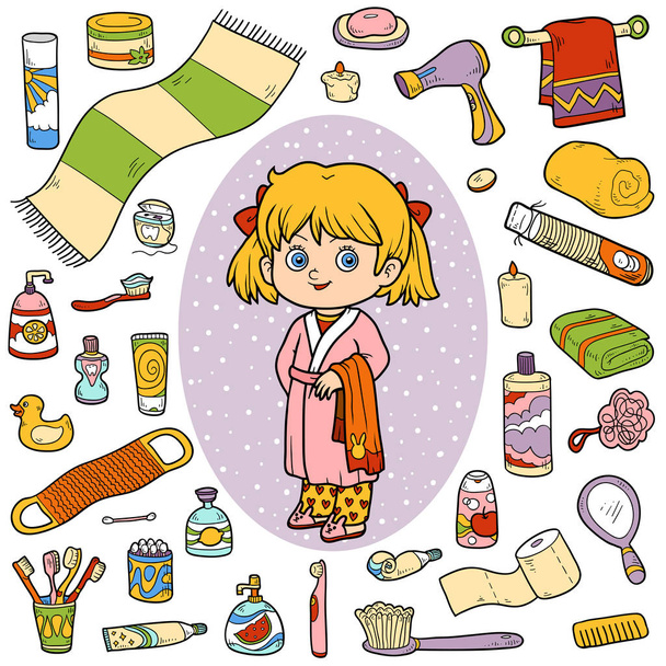 Vector color set of bathroom objects, girl and bathrobe - Vector, Image