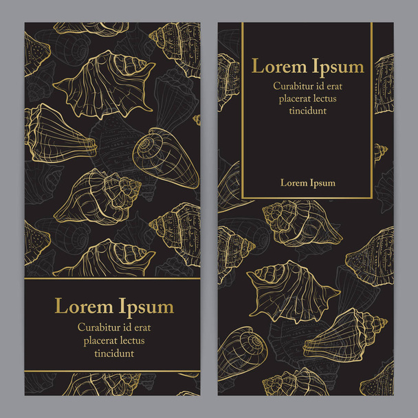 Flyers with seashells in gold and black color - Vector, Image