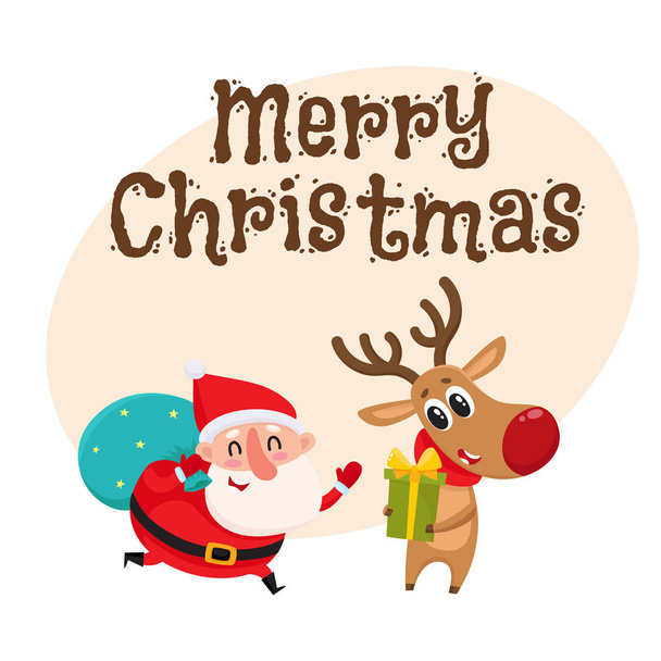 Engraçado Papai Noel e renas em cachecol vermelho de pé juntos
 - Vetor, Imagem