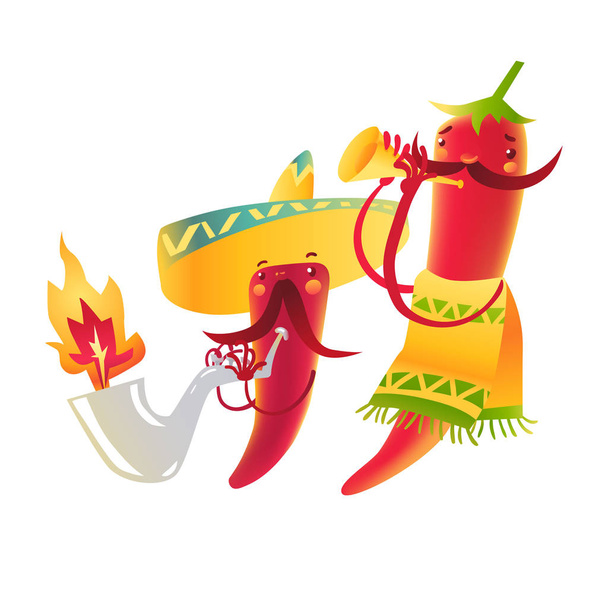 Happy chili peppers character in sombrero playing Mexican maracas - Vektori, kuva