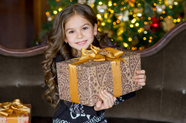 young beautiful girl with christmas gift - 写真・画像