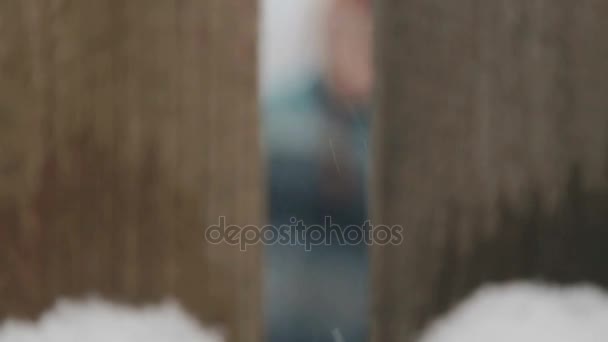 El chico mira a través de la puerta de la cerca. Retrato de un niño mirando a través de la valla. Cara y ojos mirando al niño
.  - Metraje, vídeo