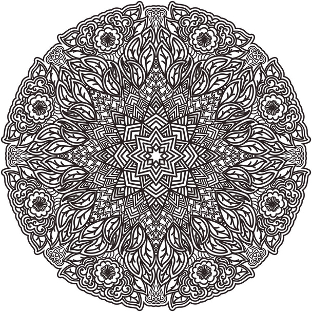Black mandala for coloring. Isolated element colouring page. Art design. Unusual pattern in Indian style tattoo. Outline flower. - Vector, Imagen