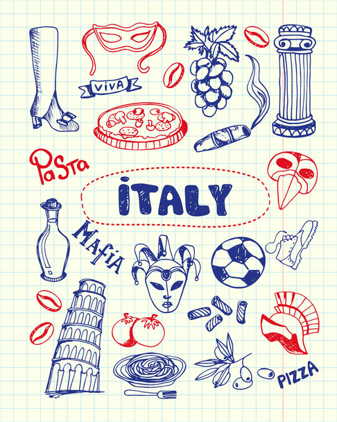 Italy Symbols Pen Drawn Doodles Vector Collection - Vektör, Görsel