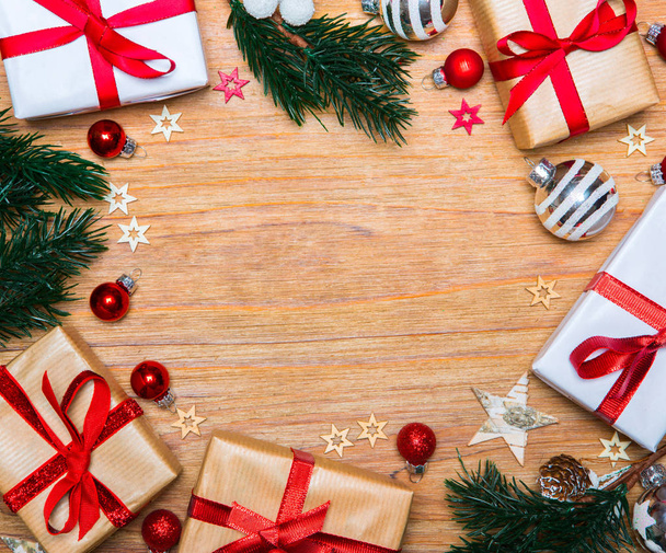 Christmas wooden background with decor - Φωτογραφία, εικόνα