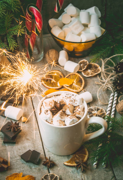 hot cocoa with marshmallows. Christmas background.  - Photo, Image