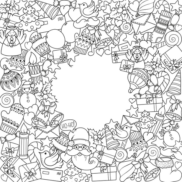 Merry christmas set of xmas monochrome pattern and text templates. Holiday greeting cards, coloring book page. - Διάνυσμα, εικόνα