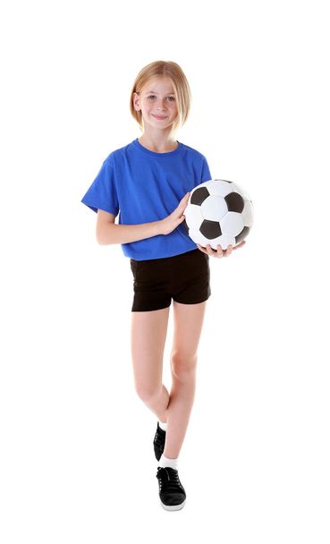 Cute girl with football ball on white background - Zdjęcie, obraz