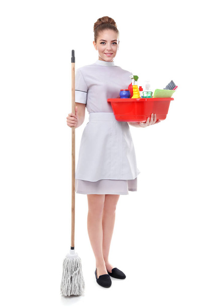 chambermaid with cleaning equipment  - Zdjęcie, obraz
