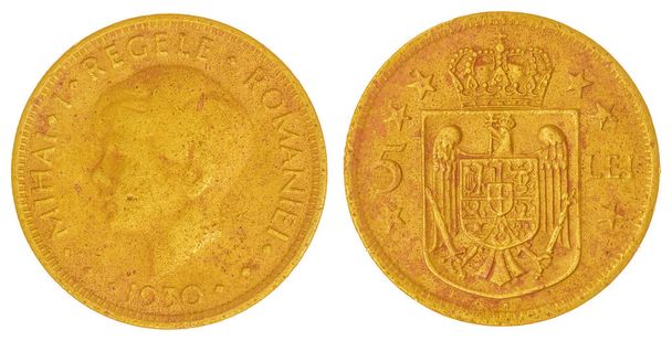 5 lei 1930 coin isolated on white background, Romania - Photo, Image