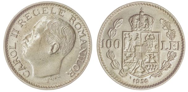 100 лей 1936 монета изолированы на белом фоне, Румыния
 - Фото, изображение