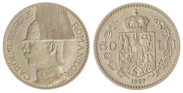 50 Lei 1937 Münze isoliert auf weißem Hintergrund, Rumänien - Foto, Bild