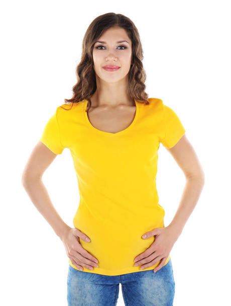 Kobieta w puste żółty t-shirt - Zdjęcie, obraz