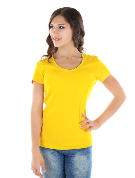 woman in blank yellow t-shirt - 写真・画像