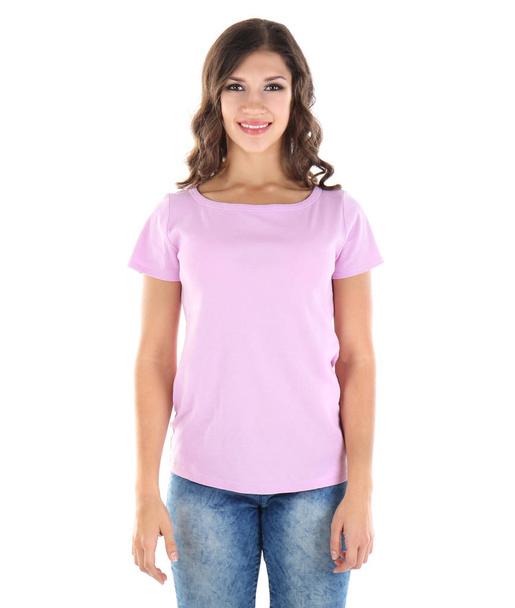 woman in blank color t-shirt - Фото, изображение