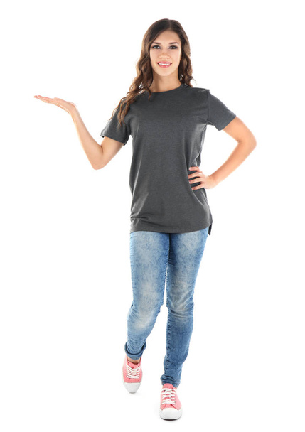 woman in blank grey t-shirt  - Photo, Image