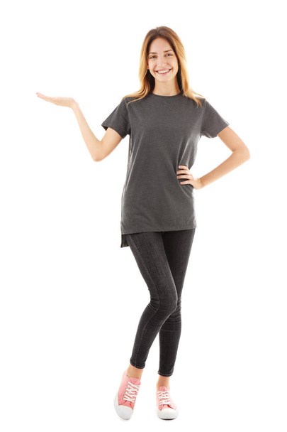 woman in blank grey t-shirt  - Photo, Image