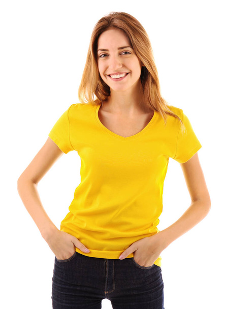 woman in blank yellow t-shirt - Valokuva, kuva