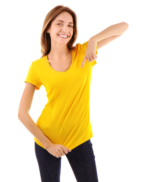 woman in blank yellow t-shirt - Photo, Image