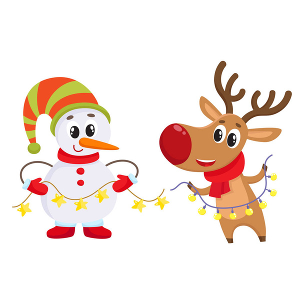 Fularlı Noel reindeer ile şapka ve eldiven Dnowman - Vektör, Görsel