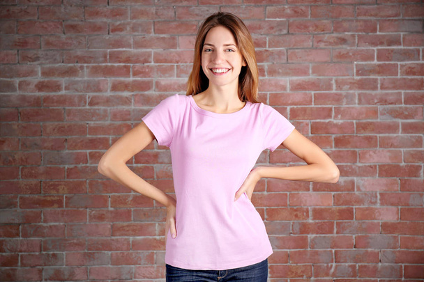 woman in blank color t-shirt - Фото, изображение