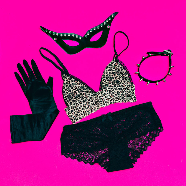 Sexy underwear and accessories. Leopard bra. Choker and Mask.  G - Photo, Image