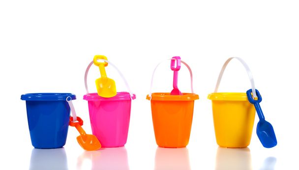 Group of colorful beach buckets or pails on white - Fotoğraf, Görsel