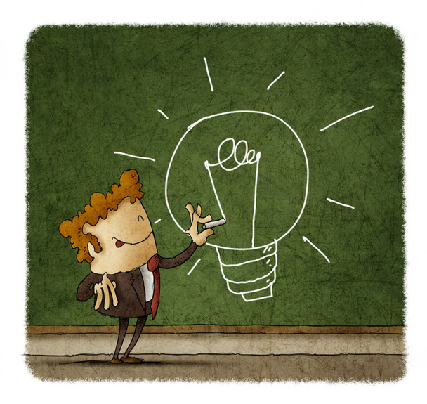 Empresário desenhando uma lâmpada em um quadro verde
 - Foto, Imagem