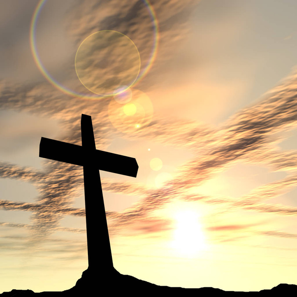 Koncept koncepční černý kříž nebo náboženství symbolem silueta v skalní krajině na západ nebo východ slunce obloha s pozadím mraky slunce - Fotografie, Obrázek