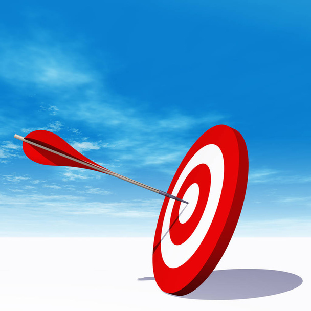 Concept or conceptual red dart target board with an arrow in the center on white ground and sky background - Photo, Image