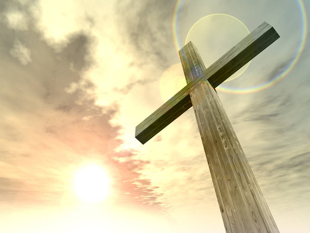 cruz de madeira sobre o céu por do sol
 - Foto, Imagem