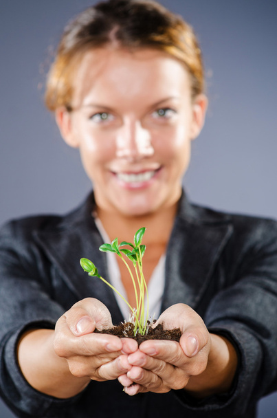 Businesswoman with seedlings and coins - Foto, Imagem