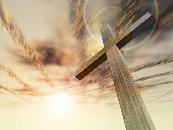 drewniany krzyż nad Niebo Zachód słońca - Zdjęcie, obraz